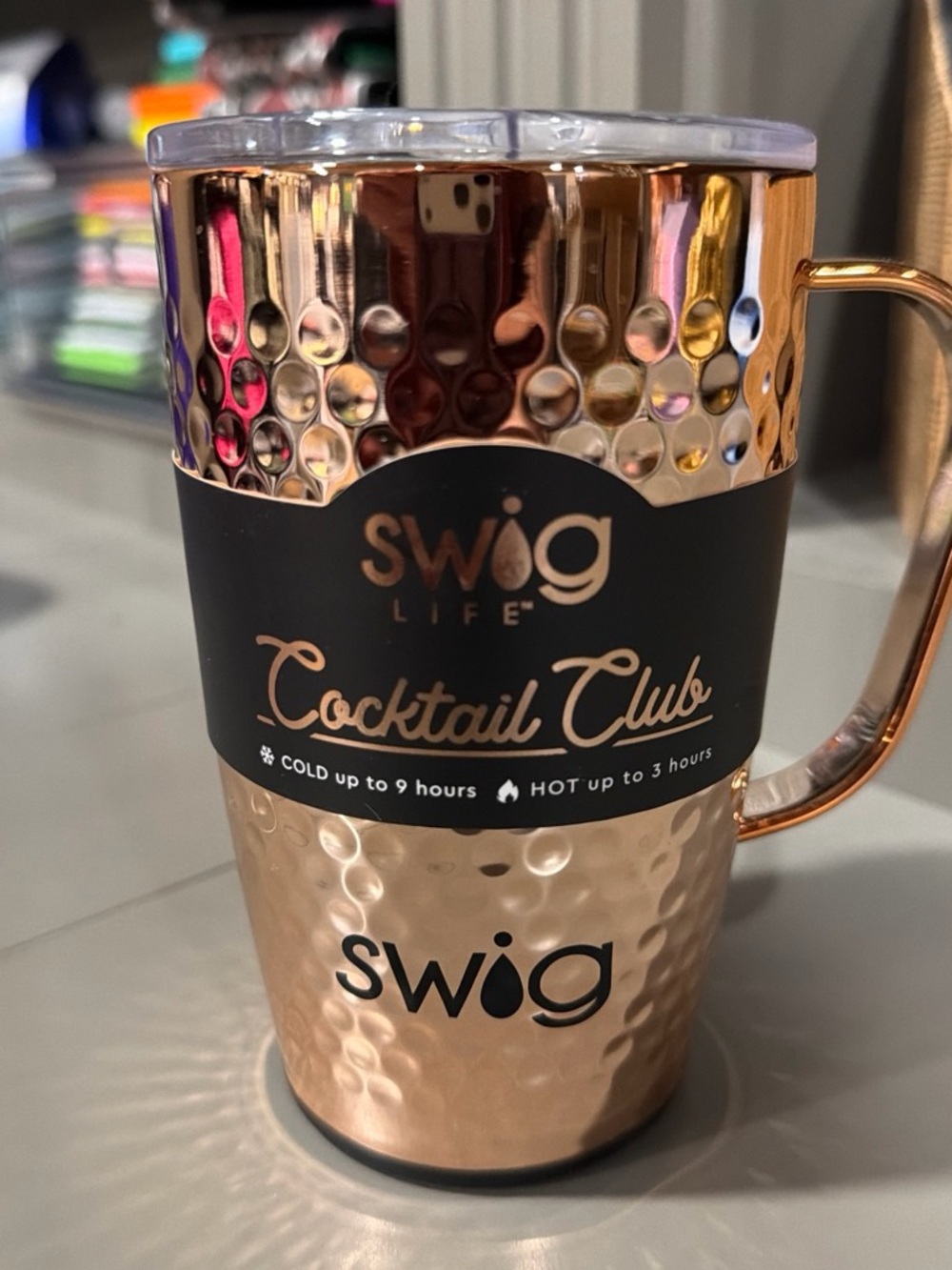 Swig Life Rose Gold Hammered Cocktail Club Travel Mug with Handle